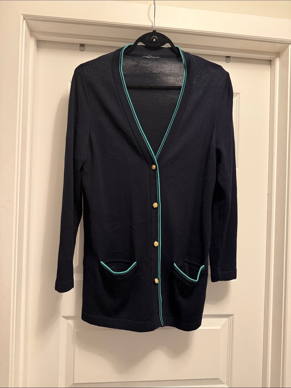Navy Long Cardigan with Teal Trim